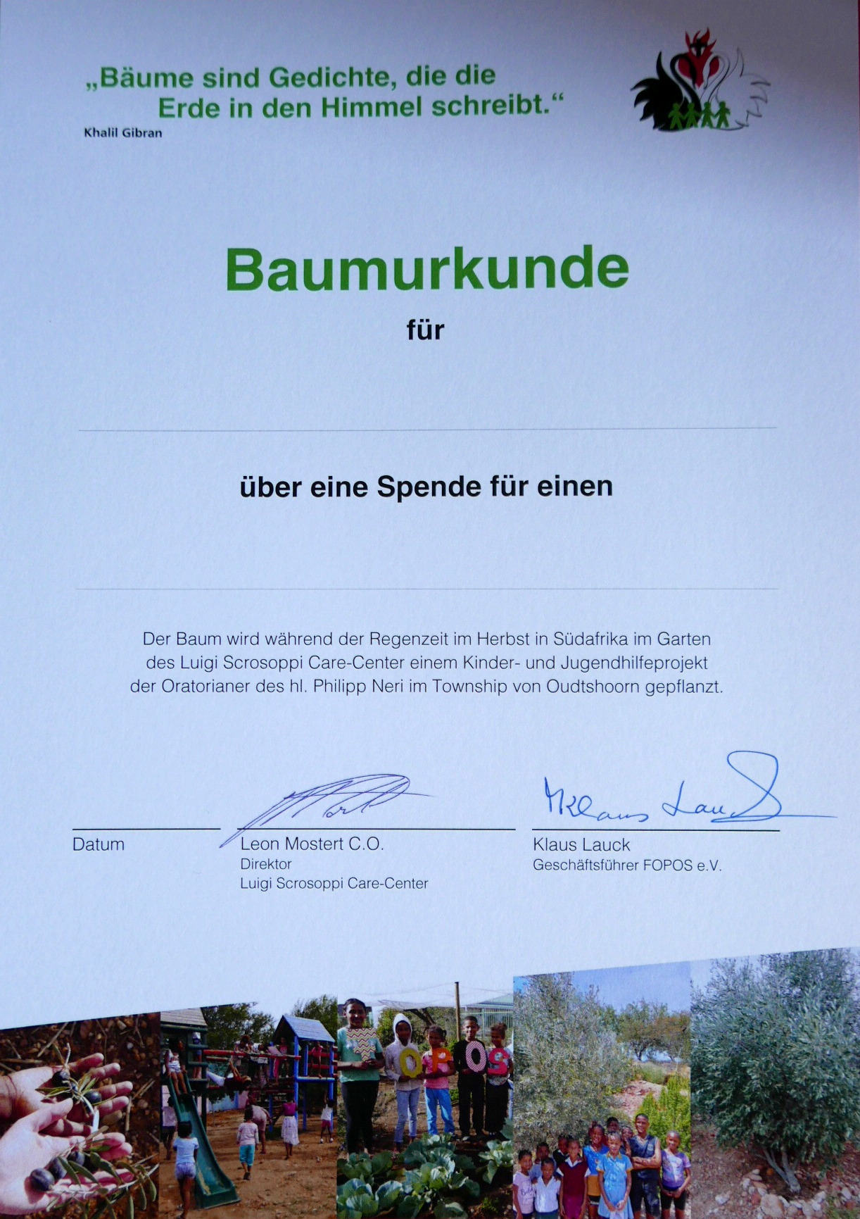 Eine Urkunde für jeden Baumspender